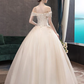 Princess Ball Gown Wedding Dresses Off Shoulder Floor Length Lace Tulle Sequined Short Sleeve Formal Romantic Luxurious Sparkle & Shine with Pleats