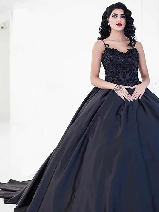 Ball Gown Wedding Dresses Sweetheart Neckline Court Train Lace Satin Spaghetti Strap Black with Draping