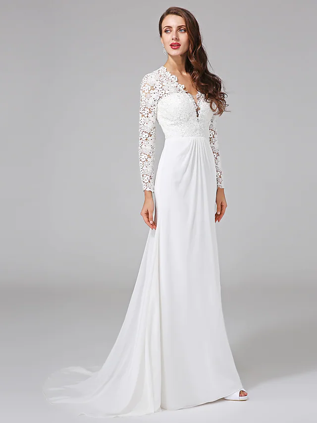 Wedding Dresses V NeckChiffon Floral Lace Long Sleeve Romantic Boho Illusion Sleeve with Lace