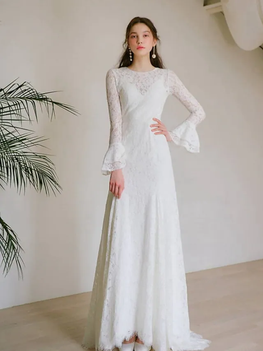 A-Line Wedding Dresses Jewel Neck Lace Long Sleeve Romantic with Appliques Beautiful