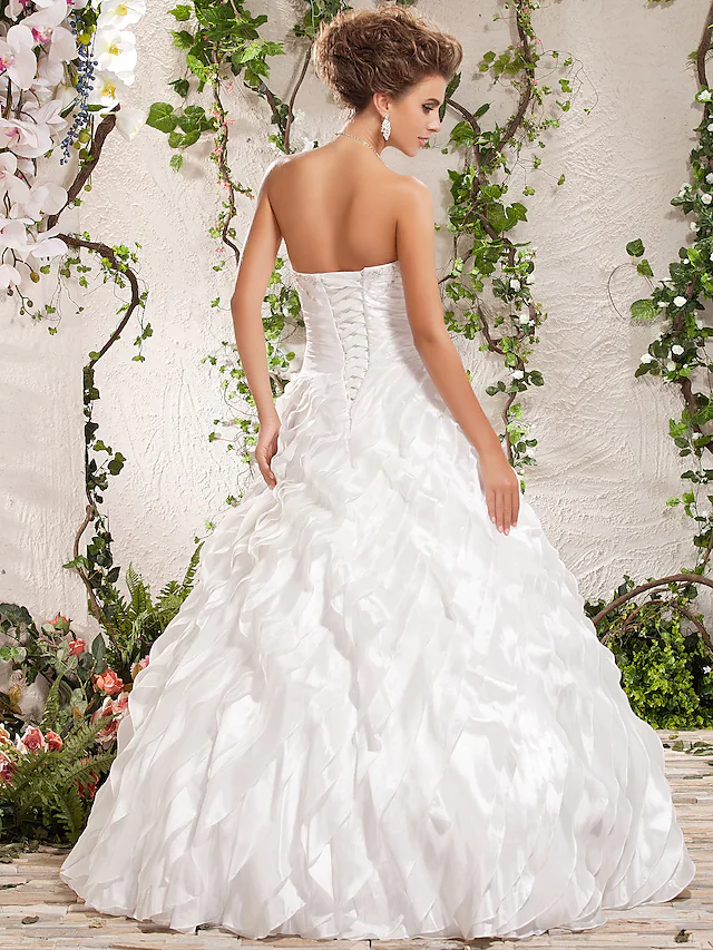 Ball Gown Wedding Dresses Strapless Floor Length Taffeta Sleeveless with Beading Cascading Ruffle