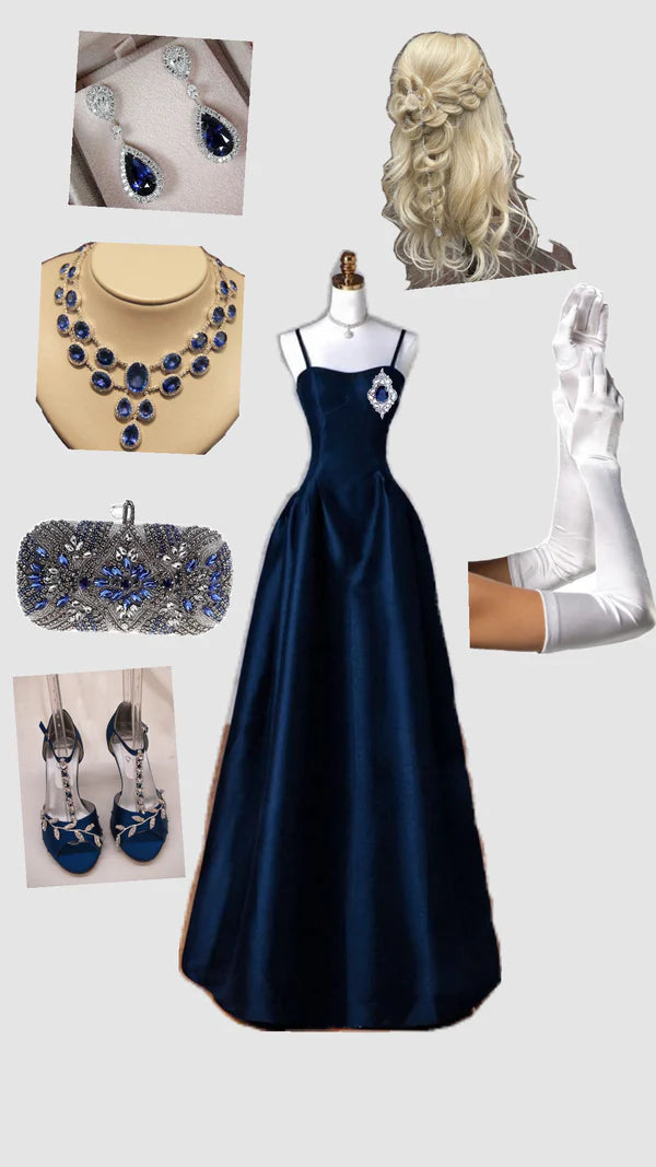 A Line Spaghetti Straps Satin Long Formal Prom Dress Elegant Evening Gown Vintage Wedding Guest Party Dress No With Accessories