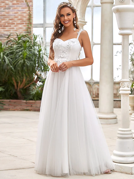 A-Line Wedding Dresses Sweetheart Neckline Floor Length Lace Tulle Sleeveless Romantic Simple with Lace Draping