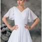 A-Line Wedding Dresses V Neck Chapel Train Chiffon Satin Short Sleeve with Ruched