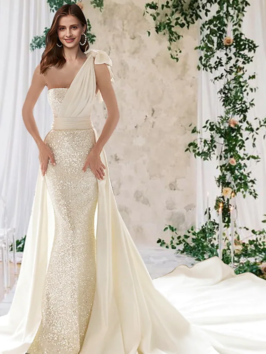 Wedding Dresses One Shoulder Court Train Detachable Satin Sequined Sleeveless Country Romantic Sparkle & Shine