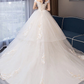 Ball Gown Wedding Dresses Off Shoulder Chapel Train Organza Cap Sleeve Formal Elegant with Crystals