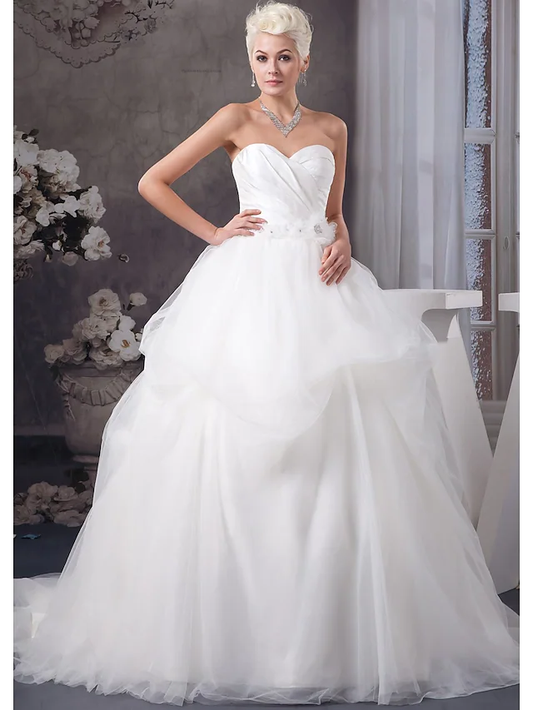 A-Line Wedding Dresses Sweetheart Neckline Court Train Organza Satin Strapless with Pick Up Skirt Ruched