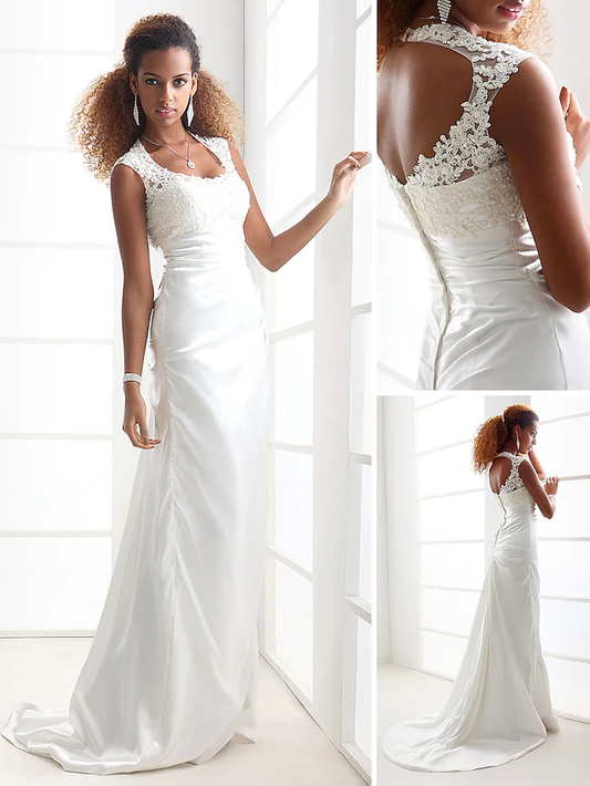 Wedding Dresses Scoop Neck Charmeuse Beaded Lace Cap Sleeve Simple Backless with
