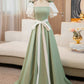 A-Line Puff Sleeves Satin Long Prom Dress Off Shoulder