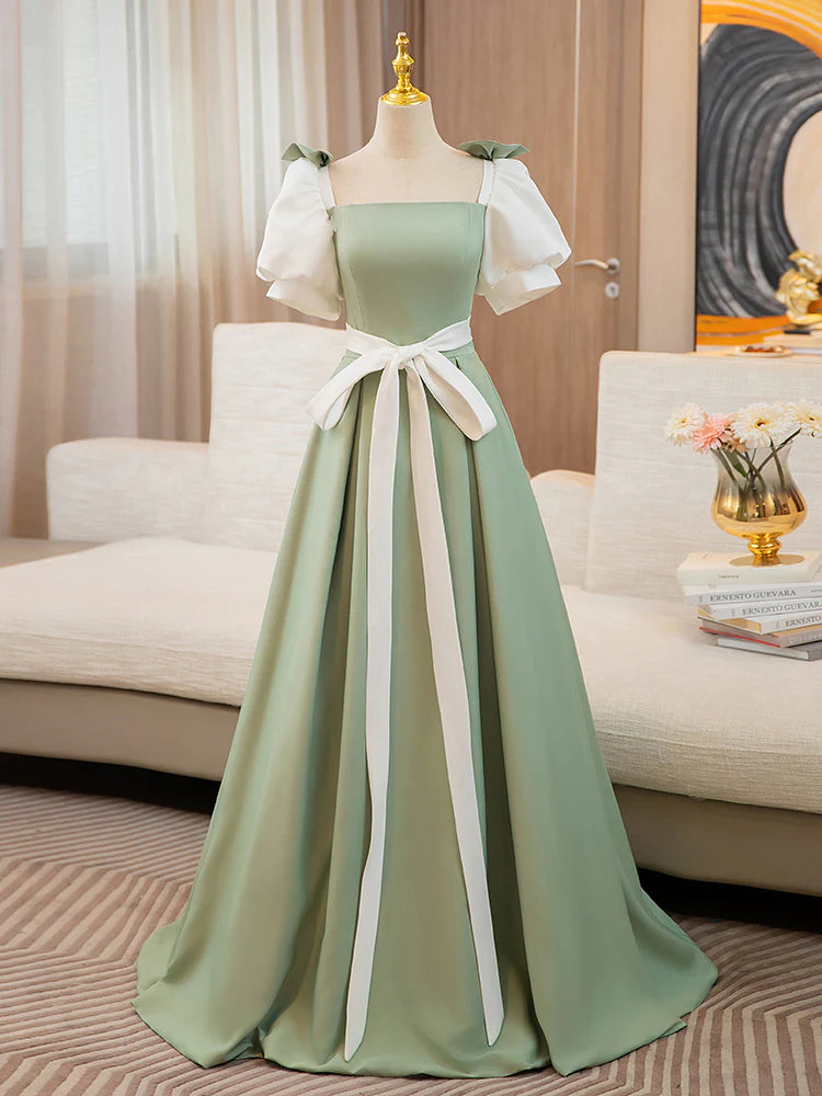 A-Line Puff Sleeves Satin Long Prom Dress Off Shoulder