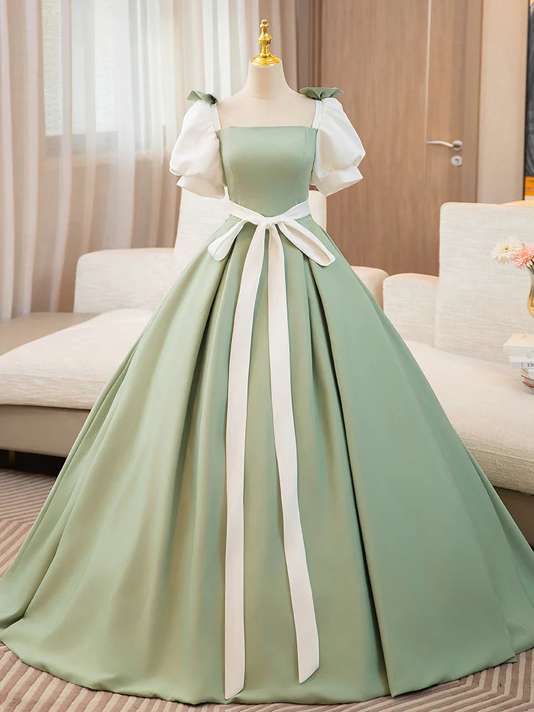 A-Line Puff Sleeves Satin Long Prom Dress Off Shoulder