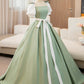 A-Line Puff Sleeves Satin Long Prom Dress Off Shoulder