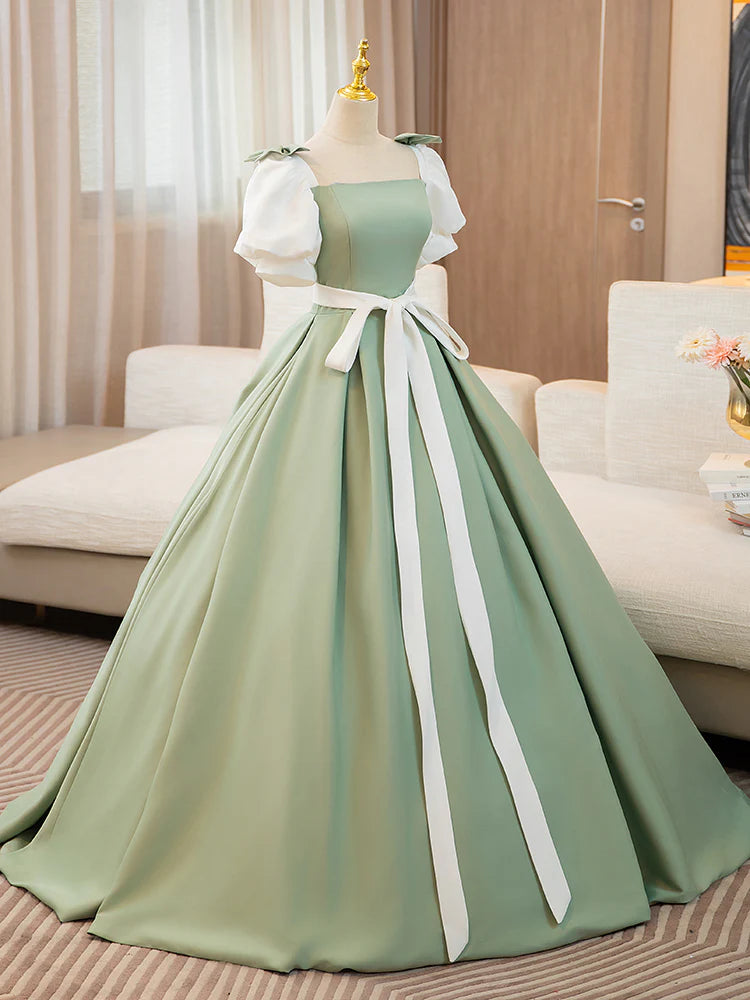 A-Line Puff Sleeves Satin Long Prom Dress Off Shoulder