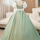 A-Line Puff Sleeves Satin Long Prom Dress Off Shoulder