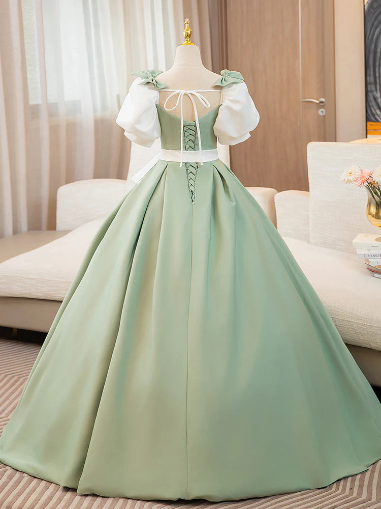 A-Line Puff Sleeves Satin Long Prom Dress Off Shoulder