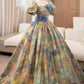 A-Line Puff Sleeves Long Prom Dress with Flower Off Shoulder