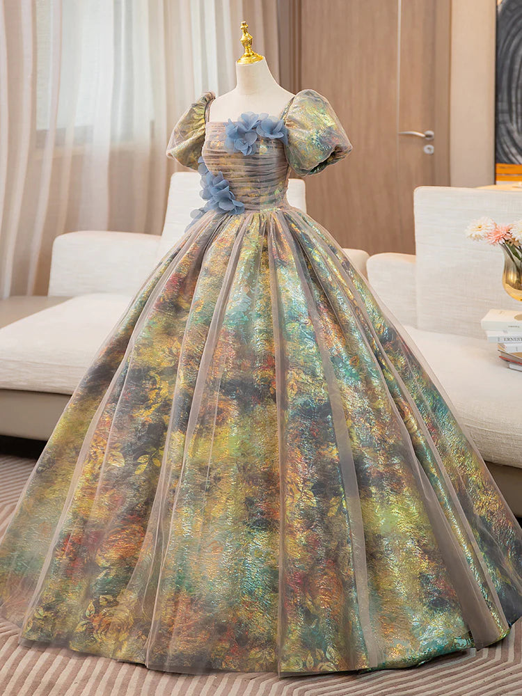 A-Line Puff Sleeves Long Prom Dress with Flower Off Shoulder