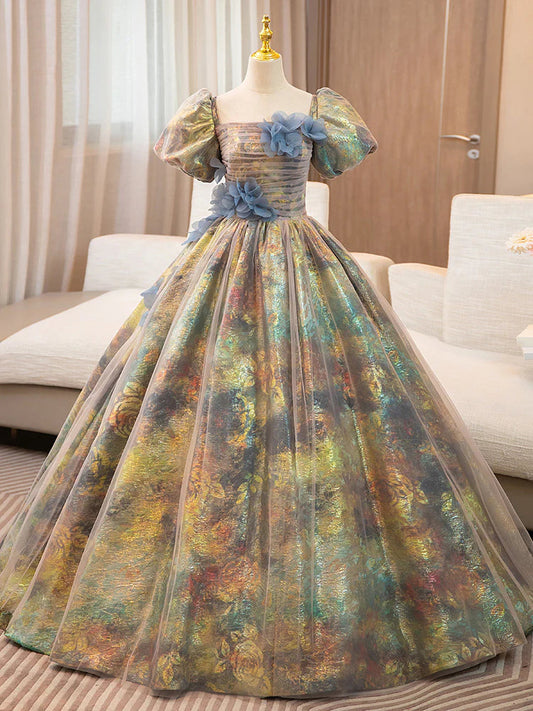 A-Line Puff Sleeves Long Prom Dress with Flower Off Shoulder