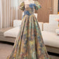 A-Line Puff Sleeves Long Prom Dress with Flower Off Shoulder