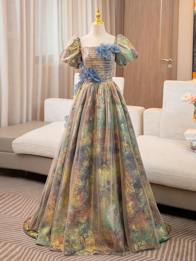 A-Line Puff Sleeves Long Prom Dress with Flower Off Shoulder