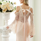 Wedding Dresses Plunging Neck Sheer Lace Long Sleeve Wedding Dress in Color Open Back Floral Lace with Bow(s)