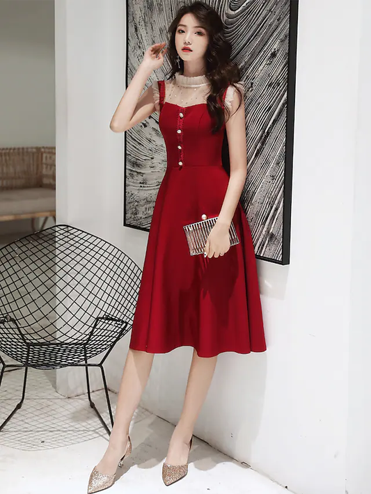 A-Line Glittering Elegant Party Wear Cocktail Party Dress High Neck Sleeveless Knee Length Spandex