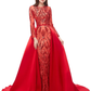 Luxurious Sparkle Prom Formal Evening Dress Jewel Neck Long Sleeve Detachable Sequined with Overskirt Pattern Print