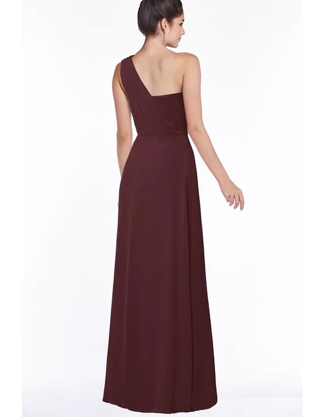 A-Line One Shoulder Floor Length Chiffon Bridesmaid Dress with Ruching Pure Color