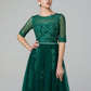 A-Line Sparkle Wedding Guest Formal Evening Dress Illusion Neck Sleeveless Tea Length Lace Over Tulle with Sequin