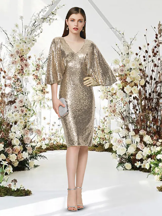 Glittering Sparkle Graduation Cocktail Party Dress V Neck Half Sleeve Knee Length Sequined