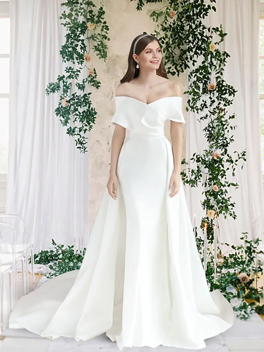 Wedding Dresses Off Shoulder Detachable Satin Short Sleeve Simple Vintage Pure Color
