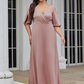 A-Line V Neck Floor Length Satin Stretch Satin Bridesmaid Dress with Ruching Plus Size