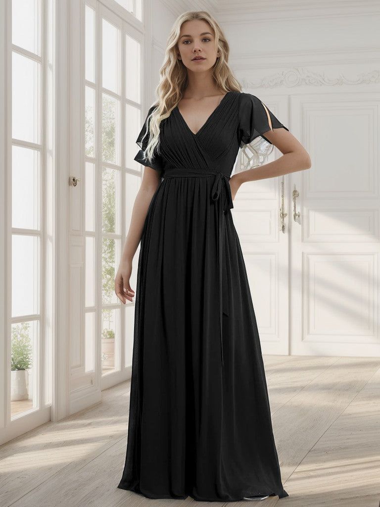 A-Line Pleated Chiffon Tie-Waist Evening Dress V-neck Party Dress