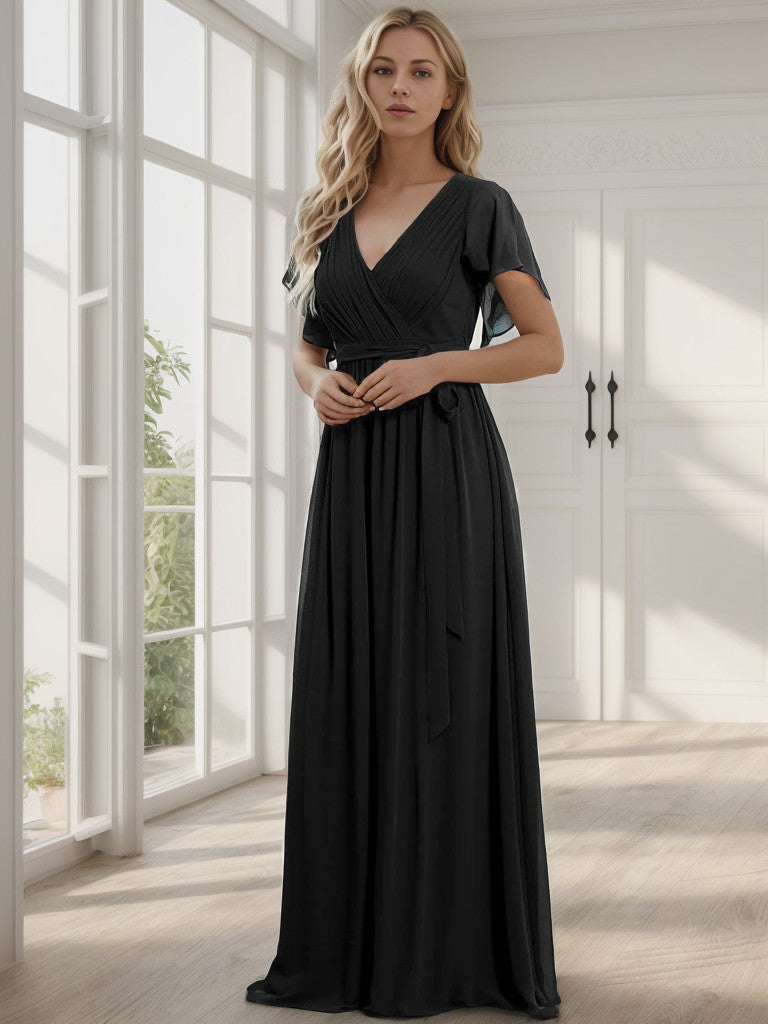 A-Line Pleated Chiffon Tie-Waist Evening Dress V-neck Party Dress