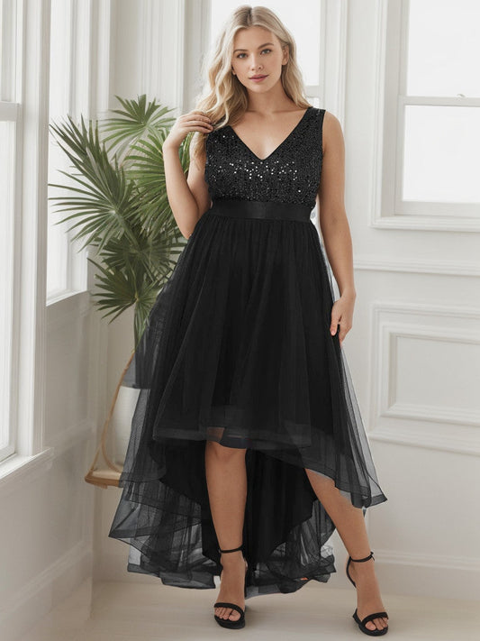 Plus Size Sleeveless Sequin Ribbon Waist Tulle High Low Evening Dress