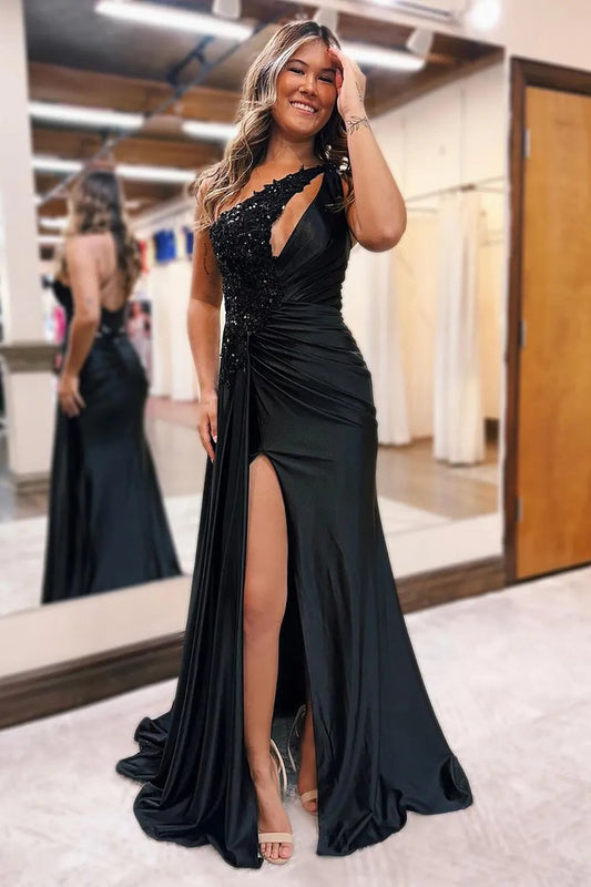 Mermaid One Shoulder Long Satin Prom Dress With Beading Sexy