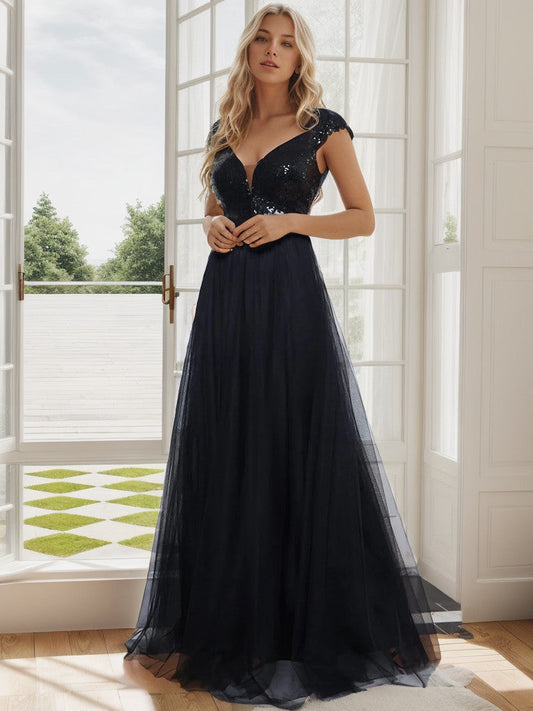 Shiny Sequin Bodice Off the Shoulder Maxi Tulle Evening Dress Sparkly