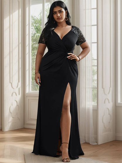 Plus Size Front Slit Short Sleeve With Sequin Mother of the Bride Dress Sexy