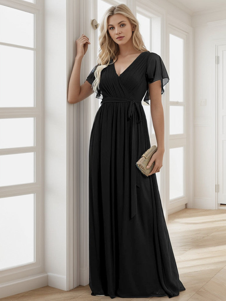 A-Line Pleated Chiffon Tie-Waist Evening Dress V-neck Party Dress