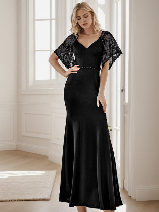 Sexy V Neck Maxi Bodycon Evening Dress with Flare Sleeves Sexy