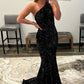 Coral Sequins One Shoulder Mermaid Long Prom Dress Sparkly Evening Dresses