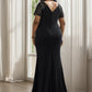 Plus Size Front Slit Short Sleeve With Sequin Mother of the Bride Dress Sexy