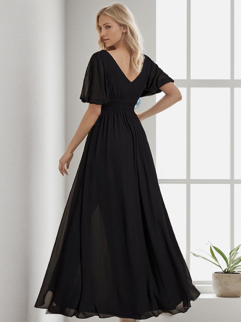 Chiffon Illusion V-Neck Flutter Sleeve Front Slit Evening Dress Sexy