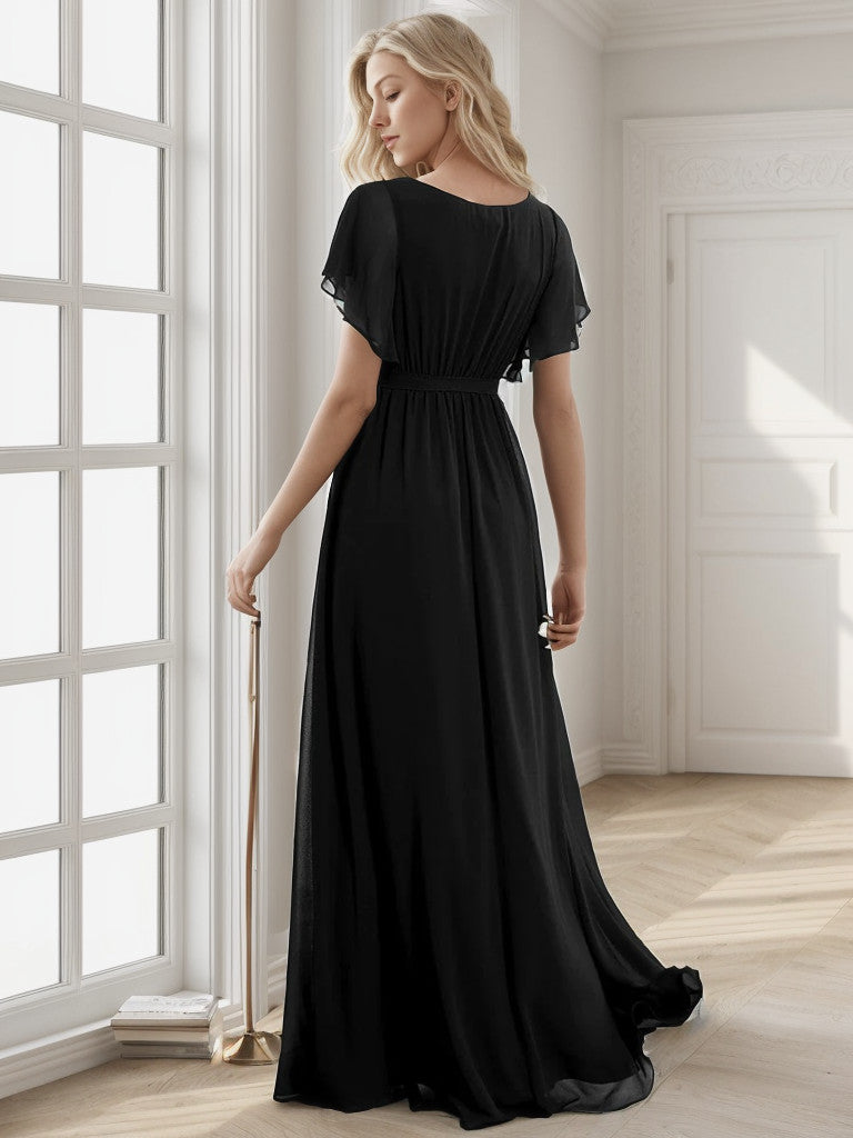 A-Line Pleated Chiffon Tie-Waist Evening Dress V-neck Party Dress