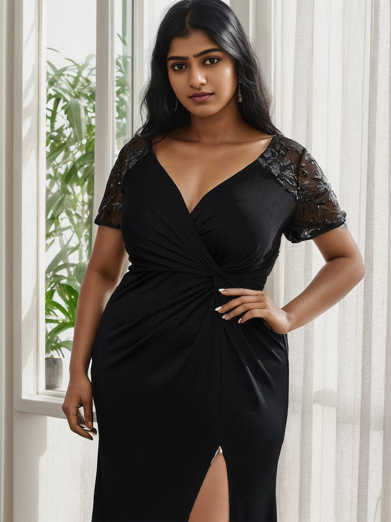 Plus Size Front Slit Short Sleeve With Sequin Mother of the Bride Dress Sexy