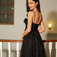 Black A Line Sweetheart Lace Aqppliques Tulle Prom Dresses Slit Sexy Evening Dresses