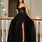 Black A Line Sweetheart Lace Aqppliques Tulle Prom Dresses Slit Sexy Evening Dresses