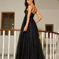 Black A Line Sweetheart Lace Aqppliques Tulle Prom Dresses Slit Sexy Evening Dresses