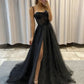 Black A Line Sweetheart Lace Aqppliques Tulle Prom Dresses Slit Sexy Evening Dresses