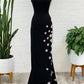 Black Strapless Sheath Slit Prom Dress with Stars and Fringes Off Shoulder With Slit
